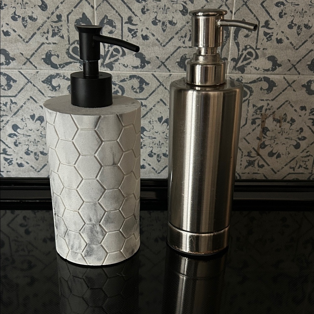 Stainless Steel and Gray Ceramic Soap Dispenser Set. GUC